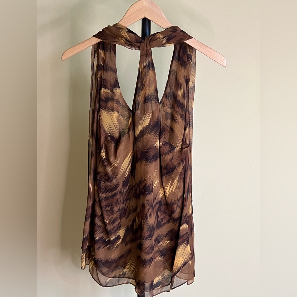 Diane Von Furstenberg Blouse with Scarf Vintage Silk Animal Print Brown Size 10